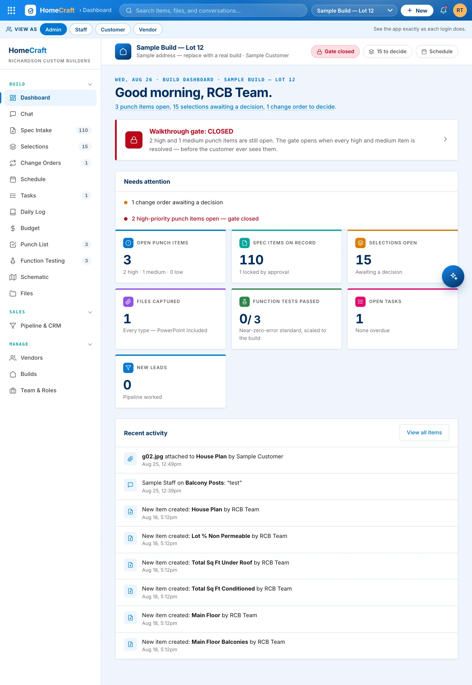 HomeCraft dashboard: greeting with the day's decisions, walkthrough-gate banner, and colorful KPI tiles for punch items, specs, selections, files, and function tests