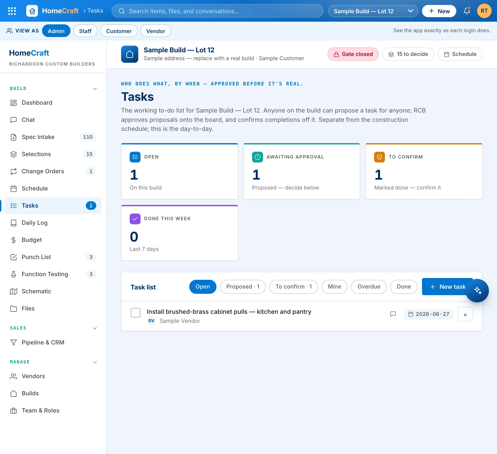 Tasks board: a customer proposal awaiting approval, vendor work awaiting confirmation, and open tasks with due dates